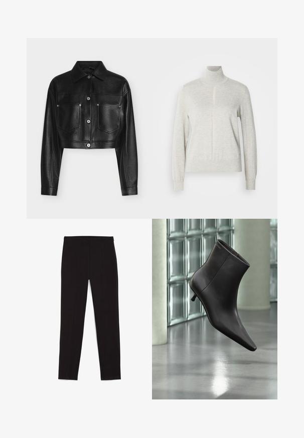 Sort opkortet læderjakke med lange ærmer, knaplukning, spids krave og to brystlommer foran mod hvid baggrund.; Lys grå sweater med høj krave og kvart lynlås. Lavet af et blødt, struktureret materiale, der har lange ærmer og en tætsiddende kant.; Sorte leggings lavet af strækstof, med en tætsiddende design, syningsdetaljer og en elastisk talje. Glat tekstur, fuldlængde pasform.; Sort læderankelstøvle med spids tå og lille hæl vist mod en væg af glasblokke og poleret gulv baggrund.