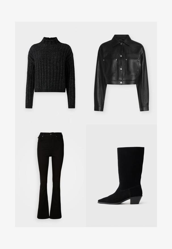 Sort opkortet læderjakke med lange ærmer, knaplukning, spids krave og to brystlommer foran mod hvid baggrund.; Sort chunky strikket sweater med ribbet mønster, lange ærmer og en kort ståkrave.; Sorte flare jeans lavet af denim, med høj talje, forlommer og et klassisk fem-lomme design med metalhardware detaljer.; Sort ruskind ankelstøvle med spidse tæer, mellemhøj skaft og en chunky hæl. Fuldender et minimalistisk design med lidt syninger og en glat tekstur.