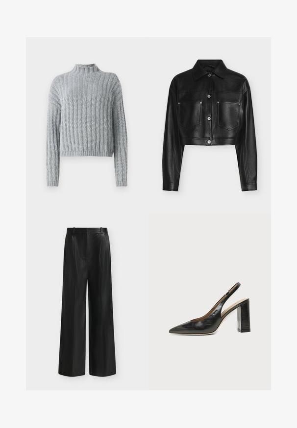 Sort opkortet læderjakke med lange ærmer, knaplukning, spids krave og to brystlommer foran mod hvid baggrund.; Lys grå chunky strikket sweater med ribbet mønster, høj hals, lange ærmer og en lidt cropped pasform.; Sorte bukser i faux læder med brede ben, høj talje og sidelukning med bælte, vist mod en lysegrå baggrund.; Sort læder peep-toe slingback sko med høj blokhæl og beige indvendig foring mod en ensfarvet lys baggrund.
