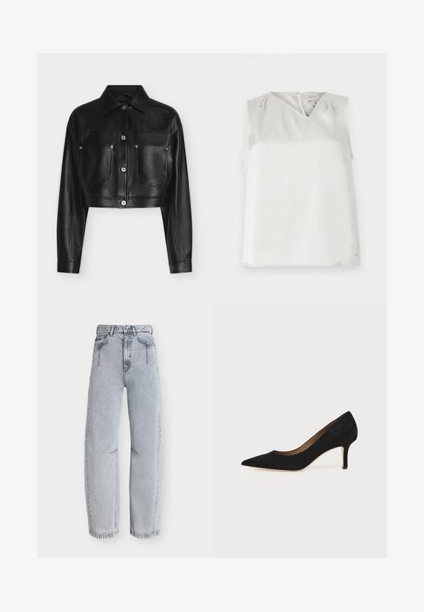 Veste en cuir noire raccourcie avec manches longues, fermeture par boutons, col pointu et deux poches poitrine avant sur fond blanc.; Blouse blanche sans manches avec col en V, plis subtils aux épaules et fermeture éclair au dos, présentée sur un fond uni.; Jean bleu clair taille haute à jambes droites, avec poches avant, passants de ceinture et fermeture bouton-zipper sur fond uni.; Escarpin en daim noir à bout pointu avec un talon stiletto fin de hauteur moyenne et un design à coupe basse sur un fond uni.