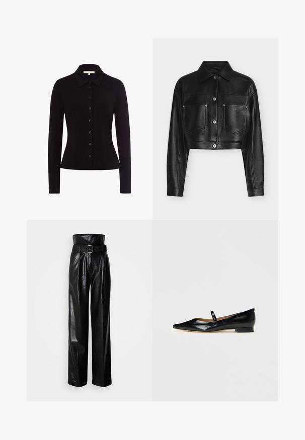 Veste en cuir noire raccourcie avec manches longues, fermeture par boutons, col pointu et deux poches poitrine avant sur fond blanc.; Chemise noire à manches longues avec col, dotée d'un devant à boutons et d'une coupe ajustée, fabriquée en tissu lisse.; Pantalon en cuir noir à taille haute, jambes larges, avec une ceinture texturée ornée d'une boucle argentée. Fini lisse et brillant.; Chaussure plate Mary Jane en cuir verni noir, à bout pointu, avec une seule sangle et un petit talon sur fond uni.