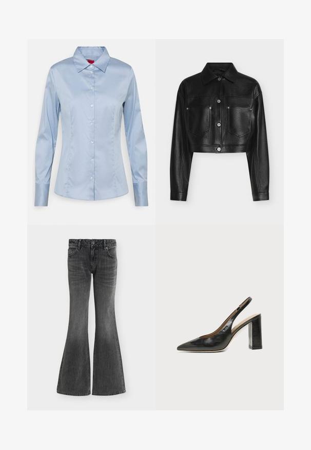 Zwarte cropped leren jas met lange mouwen, knoopsluiting, puntkraag en twee voorzakken op de borst tegen een witte achtergrond.; Lichtblauw button-up shirt van gladde stof, met een klassieke kraag, lange mouwen en een rechte pasvorm met subtiele stikseldetails.; Zwarte spijkerbroek met subtiele verticale krijtstrepen, voorzakken, knoopsluiting en uitlopende wijde pijpen.; Zwarte leren slingback schoen met spits toelopend neusje, hoge blokhak en beige binnenvoering tegen een effen lichte achtergrond.