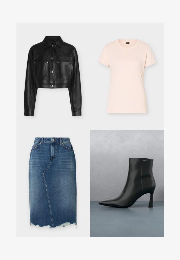 Schwarze gekürzte Lederjacke mit langen Ärmeln, Knopfverschluss, spitzem Kragen und zwei vorderen Brusttaschen vor weißem Hintergrund.; Hellrosa kurzärmliges T-Shirt mit Rundhalsausschnitt, kleinem geprägtem BOSS-Logo auf der linken Brust und schwarzem Etikett im Kragen.; Blauer Jeans-Bleistiftrock mit asymmetrischer vorderer Naht, ausgefranstem Saum, Gürtelschlaufen und Vordertaschen.; Schwarze Leder-Stiefelette mit spitzem Zehenbereich und einem geometrischen Absatz. Verfügt über dezente Branding-Elemente und eine glatte Textur. Der Hintergrund zeigt strukturierte Fliesen.