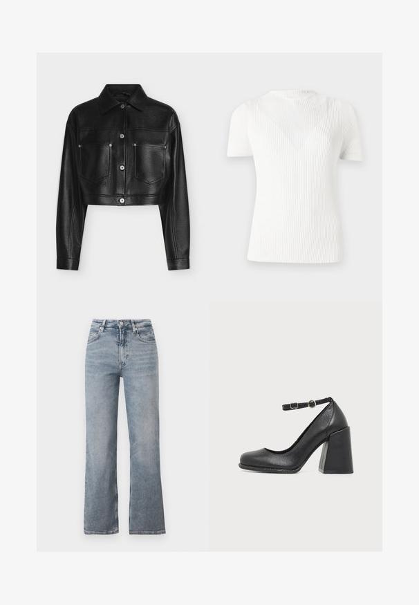 Veste en cuir noire raccourcie avec manches longues, fermeture par boutons, col pointu et deux poches poitrine avant sur fond blanc.; Haut blanc à manches courtes côtelées avec col montant et motif chevron subtil sur la poitrine, présenté sur un fond uni.; Jean bleu clair taille haute à jambe droite avec bouton frontal, fermeture éclair et design classique à cinq poches.; Chaussure à talon haut en cuir noir avec un bout arrondi et un talon épais en bloc, avec une bride de cheville réglable et une petite boucle ronde.
