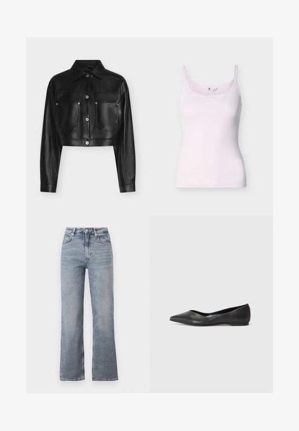 Chaqueta de cuero negra recortada con mangas largas, cierre de botones, cuello puntiagudo y dos bolsillos frontales en el pecho sobre un fondo blanco.; Camiseta sin mangas de canalé rosa claro con tirantes finos y sutil logotipo de Tommy Jeans en el pecho, presentada sobre un fondo blanco.; Vaqueros de tiro alto en azul claro con pernera recta, cierre frontal de botón y cremallera, y diseño clásico de cinco bolsillos.; Bailarina de cuero negro con puntera afilada, tacón bajo y textura suave. Diseño minimalista con un sutil acento lateral.