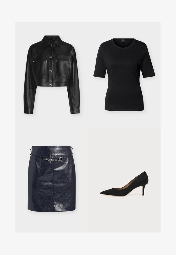 Veste en cuir noire raccourcie avec manches longues, fermeture par boutons, col pointu et deux poches poitrine avant sur fond blanc.; T-shirt noir ajusté à manches courtes avec col rond et étiquette de marque à l'intérieur du col arrière.; Mini-jupe en similicuir noir brillant avec une fine ceinture cordon noire ornée d'accents métalliques argentés circulaires à l'avant.; Escarpin en daim noir à bout pointu avec un talon stiletto fin de hauteur moyenne et un design à coupe basse sur un fond uni.