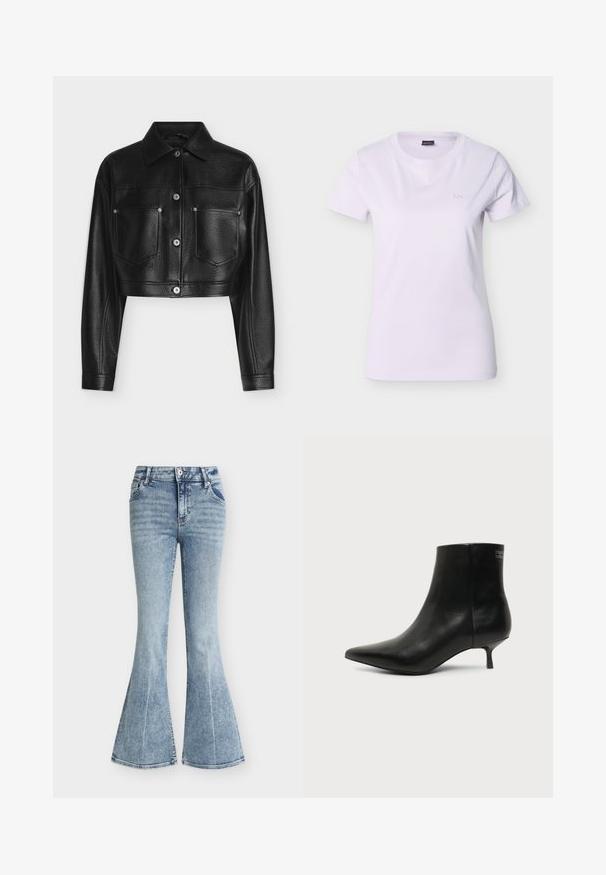 Veste en cuir noire raccourcie avec manches longues, fermeture par boutons, col pointu et deux poches poitrine avant sur fond blanc.; T-shirt blanc pour femme à manches courtes avec col rond et petit logo "BOSS" en relief sur le côté gauche de la poitrine.; Jean en denim bleu clair taille haute avec un lavage délavé, poches avant, fermeture par bouton et zip, et jambes évasées style pattes d'éléphant.; Bottine en cuir noir avec bout pointu et petit talon kitten sur fond clair, vue côté extérieur.