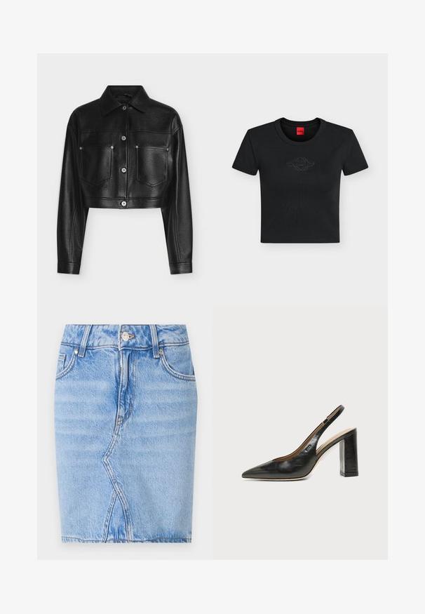 Veste en cuir noire raccourcie avec manches longues, fermeture par boutons, col pointu et deux poches poitrine avant sur fond blanc.; T-shirt court noir à manches courtes avec col rond et logo brodé ton sur ton subtil centré sur la poitrine.; Jupe en denim bleu clair avec poches avant, passants pour ceinture, fermeture à boutons et un détail de couture en forme de V à l'avant.; Chaussure slingback en cuir noir à bout pointu avec un talon bloc haut et une doublure intérieure beige sur un fond clair uni.