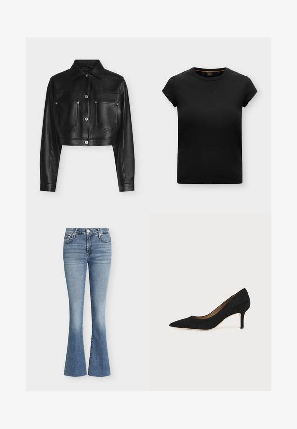 Veste en cuir noire raccourcie avec manches longues, fermeture par boutons, col pointu et deux poches poitrine avant sur fond blanc.; T-shirt noir à manches courtes côtelé avec col rond et logo ton sur ton subtil brodé sur la poitrine.; Jeans évasés en denim bleu avec bouton et fermeture éclair à l'avant, deux poches avant et un effet de lavage délavé.; Escarpin en daim noir à bout pointu avec un talon stiletto fin de hauteur moyenne et un design à coupe basse sur un fond uni.
