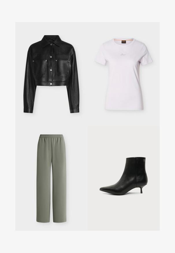 Veste en cuir noire raccourcie avec manches longues, fermeture par boutons, col pointu et deux poches poitrine avant sur fond blanc.; T-shirt blanc à manches courtes avec col rond et petit logo en écriture cursive centré sur la poitrine, avec une étiquette noire bordée d'orange à l'intérieur du col.; Pantalon ample vert olive avec taille élastique et tissu lisse, montré à plat sur fond blanc.; Bottine en cuir noir avec bout pointu et petit talon kitten sur fond clair, vue côté extérieur.