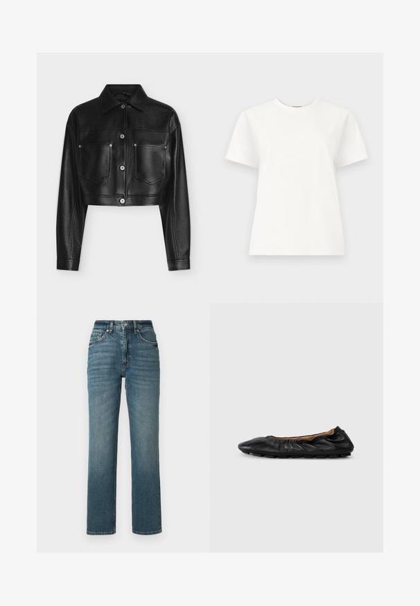 Veste en cuir noire raccourcie avec manches longues, fermeture par boutons, col pointu et deux poches poitrine avant sur fond blanc.; T-shirt blanc à manches courtes et col rond avec un logo brodé discret sur le haut de la poitrine gauche, sur un fond uni gris clair.; Jean droit taille haute en denim bleu, avec un léger effet délavé, cinq poches et une fermeture par bouton.; Ballerines en cuir noir avec des détails froncés au col, bout rond et semelle en caoutchouc flexible. Texture lisse dans l'ensemble.