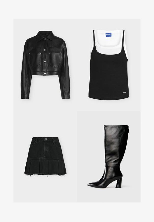 Veste en cuir noire raccourcie avec manches longues, fermeture par boutons, col pointu et deux poches poitrine avant sur fond blanc.; Deux débardeurs côtelés, l'un noir superposé à un blanc, tous deux avec un col rond et une petite étiquette de marque "HUGO".; Mini-jupe en denim noir avec bas plissé, ourlet effiloché, fermeture à boutons et zip devant, et passants pour ceinture sur un fond clair uni.; Botte en cuir noir à hauteur de genoux avec un bout pointu, une texture lisse et un talon épais. Elle présente un zip à l'arrière.