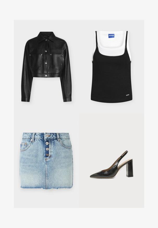 Veste en cuir noire raccourcie avec manches longues, fermeture par boutons, col pointu et deux poches poitrine avant sur fond blanc.; Deux débardeurs côtelés, l'un noir superposé à un blanc, tous deux avec un col rond et une petite étiquette de marque "HUGO".; Mini-jupe en jean bleu clair avec fermeture à boutons sur le devant, passants pour ceinture et ourlet brut.; Chaussure slingback en cuir noir à bout pointu avec un talon bloc haut et une doublure intérieure beige sur un fond clair uni.