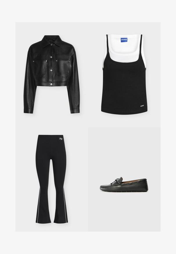 Veste en cuir noire raccourcie avec manches longues, fermeture par boutons, col pointu et deux poches poitrine avant sur fond blanc.; Deux débardeurs côtelés, l'un noir superposé à un blanc, tous deux avec un col rond et une petite étiquette de marque "HUGO".; Pantalon noir évasé avec des bandes blanches sur les côtés et le logo "Hugo" brodé près de la taille haute, présenté sur un fond clair.; Bateau en cuir noir avec un bout arrondi, des détails de couture, un petit accent en nœud et une semelle en caoutchouc. Texture lisse et design épuré.