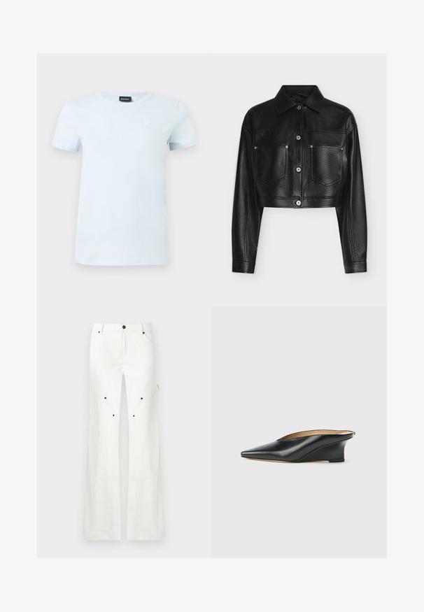 Veste en cuir noire raccourcie avec manches longues, fermeture par boutons, col pointu et deux poches poitrine avant sur fond blanc.; T-shirt bleu clair à manches courtes et col rond, avec un petit logo blanc sur le côté gauche de la poitrine et une étiquette de marque noire à l'intérieur du col.; Pantalon blanc à jambes droites avec fermeture à boutons et fermeture éclair, passants pour ceinture, et plusieurs rivets noirs sur la partie avant des cuisses.; Chaussure compensée en cuir verni noir avec un bout pointu et un dos ouvert, présentant un design élégant et courbé ainsi qu'un style minimaliste.
