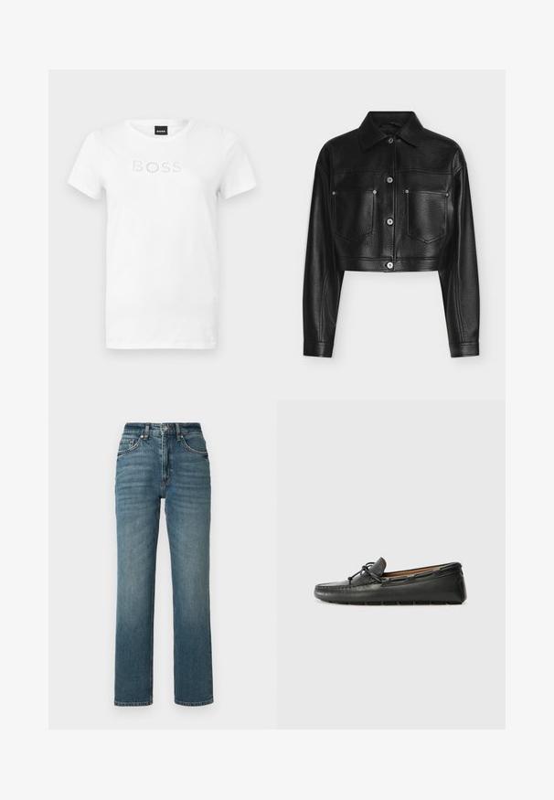 Veste en cuir noire raccourcie avec manches longues, fermeture par boutons, col pointu et deux poches poitrine avant sur fond blanc.; T-shirt blanc à manches courtes et col rond avec le texte "BOSS" composé de petits motifs circulaires sur la poitrine, présenté sur un fond uni.; Jean droit taille haute en denim bleu, avec un léger effet délavé, cinq poches et une fermeture par bouton.; Bateau en cuir noir avec un bout arrondi, des détails de couture, un petit accent en nœud et une semelle en caoutchouc. Texture lisse et design épuré.