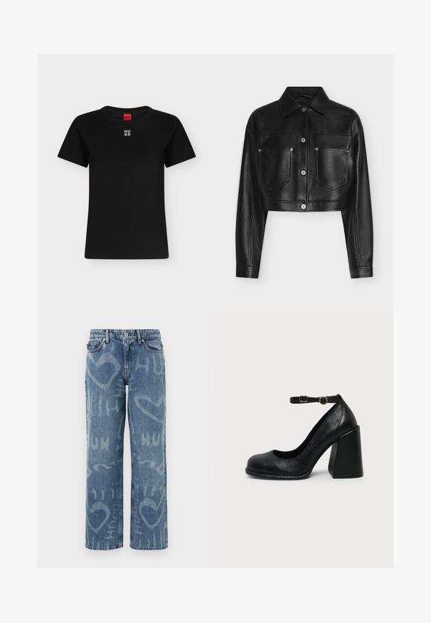 Veste en cuir noire raccourcie avec manches longues, fermeture par boutons, col pointu et deux poches poitrine avant sur fond blanc.; T-shirt noir à manches courtes avec col rond et logo blanc "HUGO" centré près du col, étiquette rouge à l'intérieur de l'encolure.; Jean en denim bleu à jambes larges avec un effet délavé, motifs de cœurs blancs et textes, cinq poches et une fermeture à bouton standard.; Chaussure à talon haut en cuir noir avec bout arrondi et bride de cheville réglable avec boucle dorée sur fond uni clair.