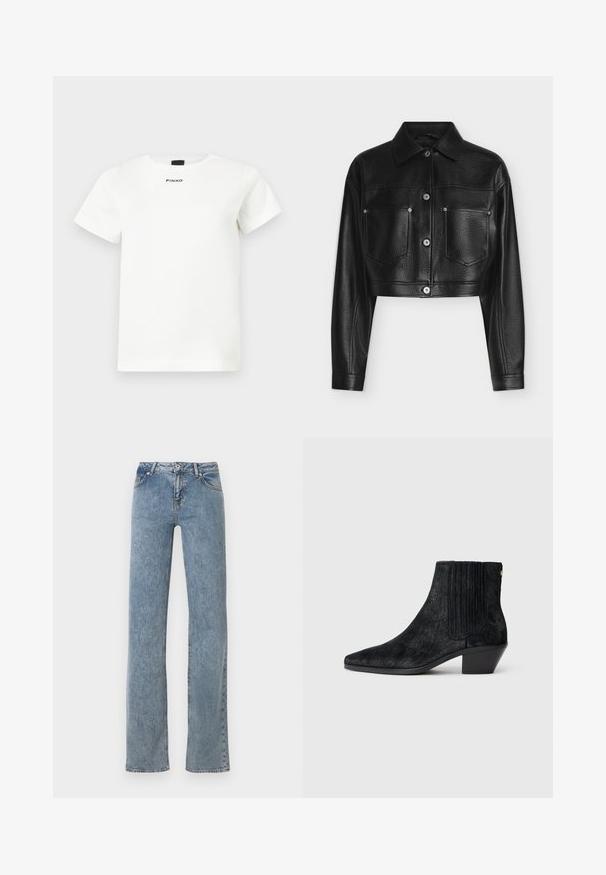 Veste en cuir noire raccourcie avec manches longues, fermeture par boutons, col pointu et deux poches poitrine avant sur fond blanc.; T-shirt blanc à manches courtes avec col rond, design minimaliste, et logo "PINKO" centré sous l'encolure.; Jean bleu à jambe droite avec taille haute, fermeture à boutons sur le devant, et design à cinq poches, présenté sur un fond blanc.; Bottine noire à bout pointu, en matériau texturé imitant les cheveux, avec un panneau latéral à nervures et un petit talon carré. Un design simple et moderne.
