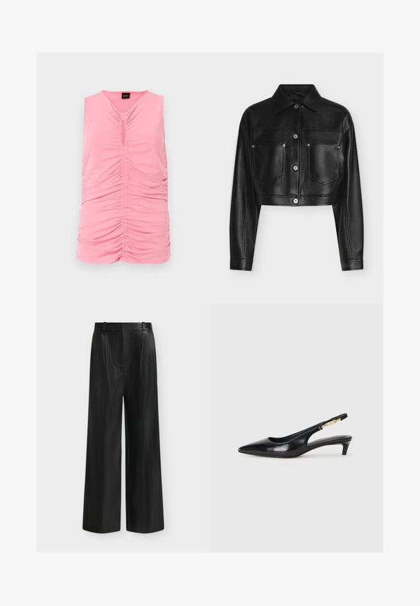 Veste en cuir noire raccourcie avec manches longues, fermeture par boutons, col pointu et deux poches poitrine avant sur fond blanc.; Haut sans manches rose en tissu doux, avec une texture froncée et une ouverture en forme de clé au niveau du col. Design lisse et ajusté.; Pantalon noir à jambes larges en simili cuir, taille haute et détail de ceinture sur le côté, sur fond gris clair.; Talons hauts en cuir noir avec un bout pointu, dotés d'un talon fin et d'un accent en ton or sur la lanière réglable. Texture lisse.