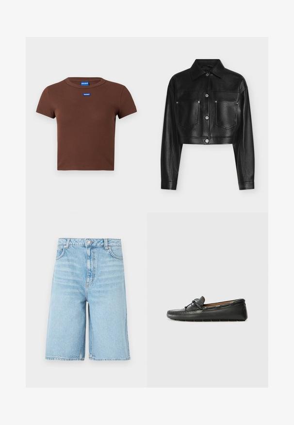 Veste en cuir noire raccourcie avec manches longues, fermeture par boutons, col pointu et deux poches poitrine avant sur fond blanc.; T-shirt marron à manches courtes côtelées, avec encolure arrondie et deux étiquettes de logo bleues sur la poitrine. Texture douce, coupe ajustée.; Shorts en denim bleu clair longueur genou avec bouton à l'avant, fermeture éclair, passants pour ceinture et poches latérales sur fond blanc.; Bateau en cuir noir avec un bout arrondi, des détails de couture, un petit accent en nœud et une semelle en caoutchouc. Texture lisse et design épuré.