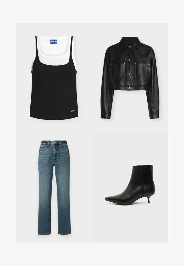 Veste en cuir noire raccourcie avec manches longues, fermeture par boutons, col pointu et deux poches poitrine avant sur fond blanc.; Deux débardeurs côtelés, l'un noir superposé à un blanc, tous deux avec un col rond et une petite étiquette de marque "HUGO".; Jean droit taille haute en denim bleu, avec un léger effet délavé, cinq poches et une fermeture par bouton.; Bottine en cuir noir avec bout pointu et petit talon kitten sur fond clair, vue côté extérieur.