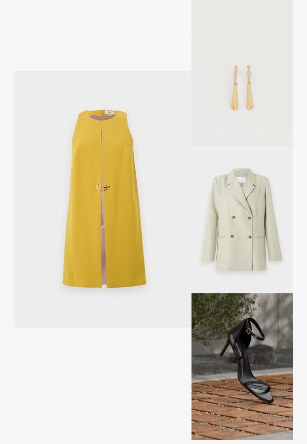 Doppeltknopfblazer aus hellgrünem Stoff. Mit Reverskragen, einer Brusttasche und zwei Fronttaschen mit dunklen Knöpfen.; Gelbes ärmelloses Kleid mit geradem Schnitt, Reißverschluss vorne und goldenen Hardware-Details, das ein inneres lila Futter hat.; Schwarze Sandalette mit hohem Absatz und Knöchelriemen schwebt über einem Holzboden im Freien vor verschwommenem Grün und Steinhintergrund.; Ohrhänger in Gold-Ton mit glatten, länglichen Tropfenanhängern, die an kleinen Creolenverschlüssen hängen, auf weißem Hintergrund.