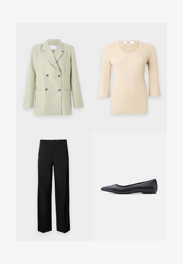 Blazer croisé en tissu vert clair. Présente des revers crantés, une poche poitrine et deux poches avant avec des boutons foncés.; Top à manches longues en beige côtelé avec un décolleté arrondi. La texture est lisse et ajustée. Des poignets évasés ajoutent un détail de design subtil.; Pantalon noir à jambes larges en tissu tissé lisse. Possède un devant plat, des passants de ceinture et des poches latérales pour un look ajusté.; Chaussure plate en cuir noire à bout pointu avec petit talon, vue de profil sur fond blanc.