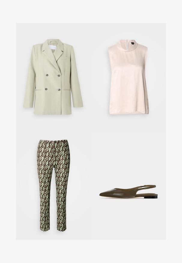 Blazer de doble botonadura en tejido verde claro. Presenta solapas con muesca, un bolsillo en el pecho y dos bolsillos frontales con botones oscuros.; Blusa sin mangas de color rosa pálido con cuello alto, confeccionada en una tela lisa y brillante. Presenta un cierre de botones en la parte posterior y un dobladillo curvado.; Pantalones de color marrón y verde con un diseño de hojas, de corte ajustado, con una textura suave y sin cremalleras ni bolsillos visibles.; Zapato plano de tacón bajo y tira trasera en punta de color verde oliva con acabado liso y brillante.