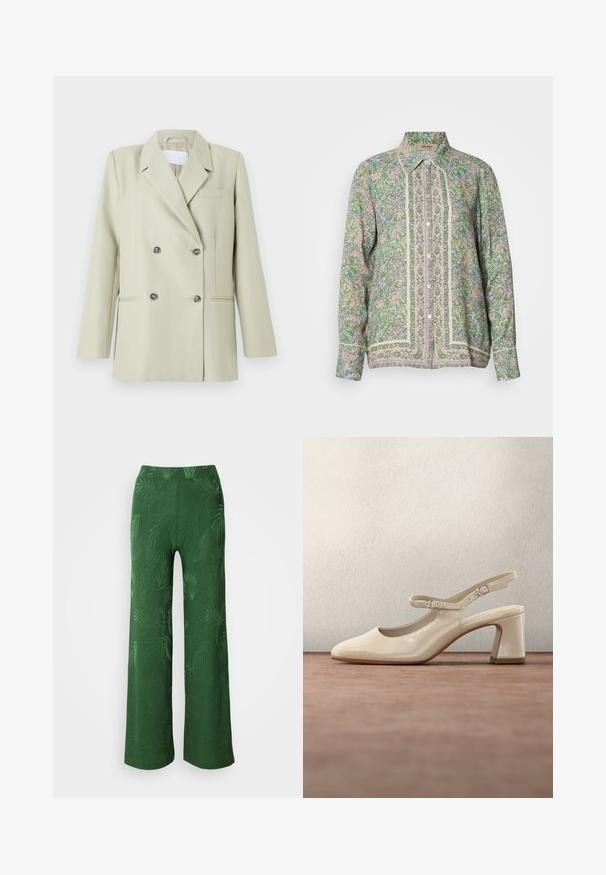Blazer croisé en tissu vert clair. Présente des revers crantés, une poche poitrine et deux poches avant avec des boutons foncés.; Chemise à boutons à fleurs vertes avec manches longues, présentant une bordure de couleur claire contrastante et des motifs complexes sur le devant. Tissu léger.; Anna Field by Zalando Pantalon classique - green; Chaussure slingback en cuir beige clair avec un petit talon bloc et deux boucles argentées réglables sur un fond de sol gris.