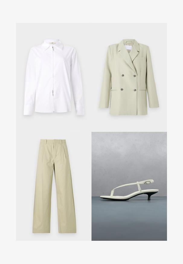 Blazer de doble botonadura en tejido verde claro. Presenta solapas con muesca, un bolsillo en el pecho y dos bolsillos frontales con botones oscuros.; Camisa blanca de manga larga con cuello tipo polo y cremallera frontal. Confeccionada en un tejido suave con forma ajustada y detalles de puños abotonados.; Pantalones de pierna ancha en algodón de color beige claro, con una parte delantera plana con pliegues, presillas para cinturón y dobladillos acampanados. Textura suave y diseño casual.; Sandalia blanca de tacón kitten con tiras y punta afilada, flotando sobre un suelo de baldosas de madera al aire libre, con un fondo desenfocado de plantas y pared.