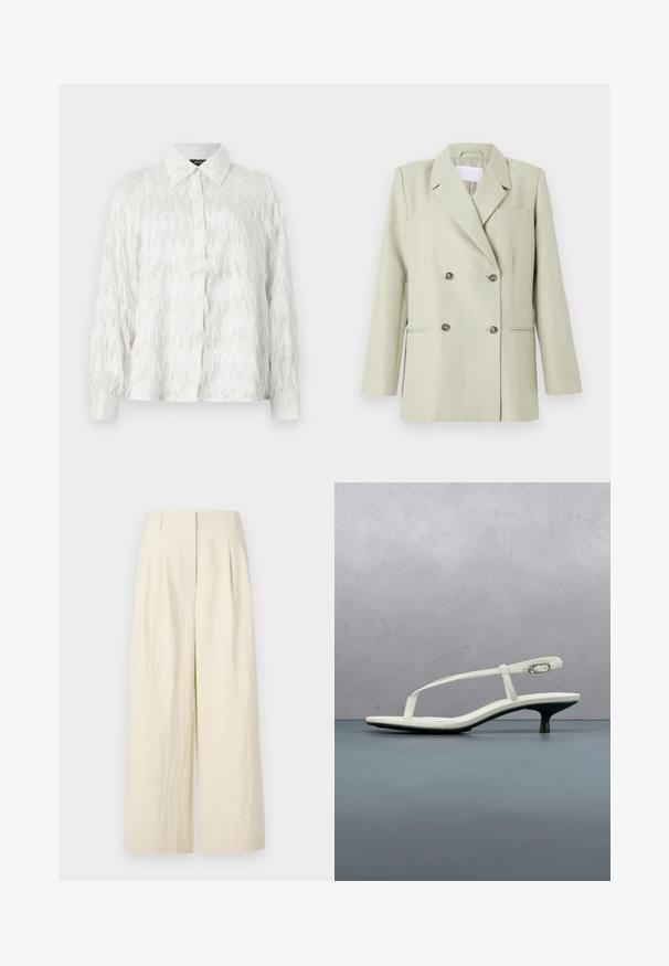 Dobbeltknappet blazer i lys grøn stof. Har notched revers, en brystlomme og to forlommer med mørke knapper.; Hvid skjorte med knaplukning, der har et tekstureret zigzag-mønster og slidte detaljer, med en klassisk krave og lange ærmer.; Cremefarvede, vide bukser lavet af et tekstureret stof. Har forkantsfolder og høj talje, hvilket giver en løs pasform hele vejen igennem.; Hvid sandal med stropper og kitten-hæl med spids tå, svævende over et trægulv udendørs med en sløret plante og væg i baggrunden.