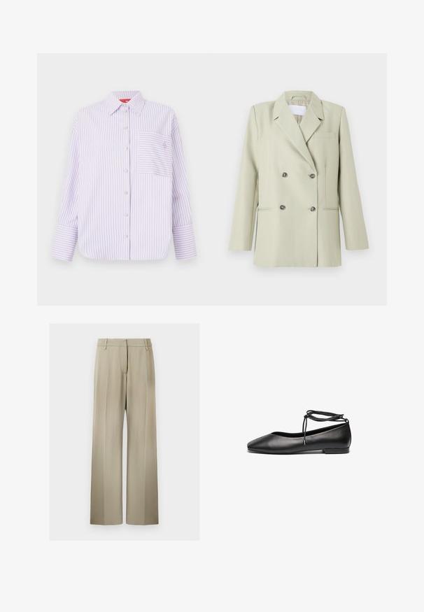 Dobbeltknappet blazer i lys grøn stof. Har notched revers, en brystlomme og to forlommer med mørke knapper.; Lys lilla skjorte med knapper og lodrette striber, enkelt brystlomme og krave. Har lange ærmer med brede manchetter og et diskret logo.; Bredde benbukser i blød beige stof, med en flad front, beltdusk og en glat tekstur. Standard talje med ingen synlige mønstre.; Sorte læder ballerinaer med spids tå, flad hæl og snørredetalje om anklen. Glat tekstur, minimalistisk design.