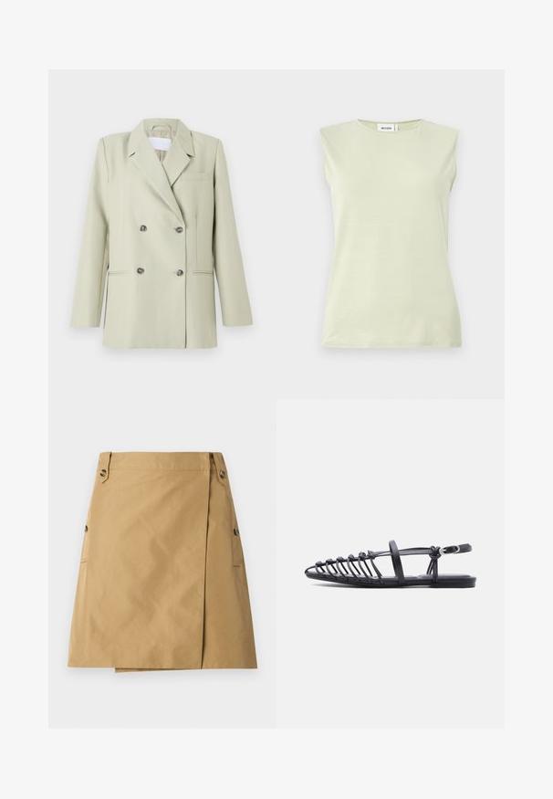 Blazer croisé en tissu vert clair. Présente des revers crantés, une poche poitrine et deux poches avant avec des boutons foncés.; Débardeur vert clair sans manches avec un col rond. Confectionné dans un tissu doux, il présente une texture lisse et un design minimaliste.; Jupe beige en tissu lisse avec un revêtement avant, dotée de deux poches latérales et de deux boutons à la taille.; Sandale plate noire avec plusieurs fines lanières, bride à boucle à la cheville et design cage à bout ouvert sur fond blanc.