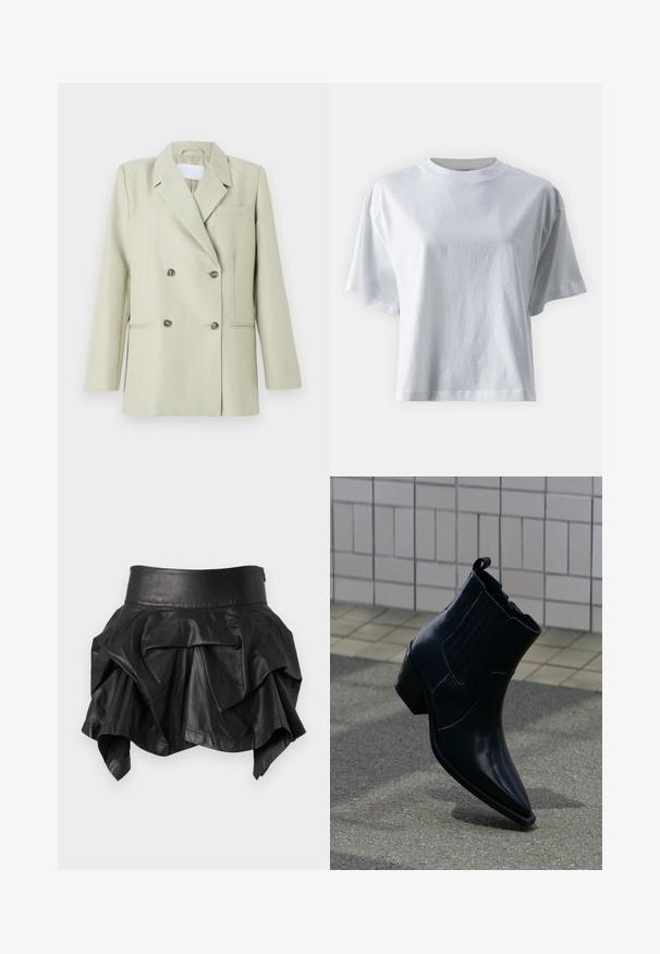 Dobbeltknappet blazer i lys grøn stof. Har notched revers, en brystlomme og to forlommer med mørke knapper.; IVY OAK IOKYLA - T-shirts basic - bright white; Sort læder mininederdel med høj talje og asymmetriske lagdelte flæsedetaljer.; Skinnende sort læderankelstøvle med blokhæl, elastiske sidepaneler og trækflig, placeret opret på tekstureret fortov nær flisebelagt væg.
