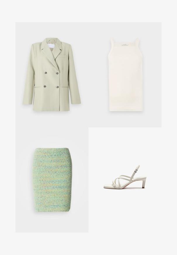 Dobbeltknappet blazer i lys grøn stof. Har notched revers, en brystlomme og to forlommer med mørke knapper.; Cremefarvet ribbet tanktop med tynde stropper, tætsiddende design og lige kant. Etiketten siger "IVY OAK." Materialet ser blødt og strækbart ud.; Knelang nederdel lavet af struktureret, pletret stof i pastelfarvet grøn med nuancer af blå, orange og lilla.; Zign Pumps - off white