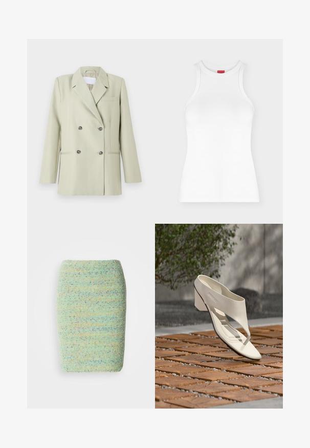 Dobbeltknappet blazer i lys grøn stof. Har notched revers, en brystlomme og to forlommer med mørke knapper.; Hvid ærmeløs ribbet tanktop med høj rund hals og tætsiddende pasform vist på en ensartet lys baggrund.; Knelang nederdel lavet af struktureret, pletret stof i pastelfarvet grøn med nuancer af blå, orange og lilla.; Hvid læderhæl sandal med bred rem og tåpost, vist udendørs på en overflade med træ og grusfliser med grønt i baggrunden.