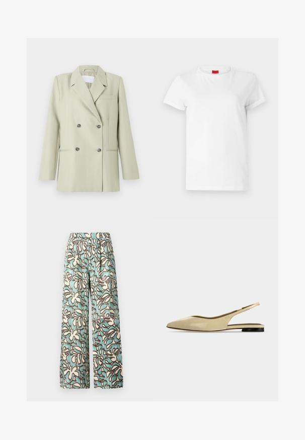 Blazer de doble botonadura en tejido verde claro. Presenta solapas con muesca, un bolsillo en el pecho y dos bolsillos frontales con botones oscuros.; Camiseta blanca de manga corta hecha de algodón ligero. Presenta un escote redondo y mangas enrolladas. Etiqueta de logo roja en el cuello.; Pantalones de pierna ancha fabricados en un tejido ligero con un fondo crema y patrones abstractos en verde azulado y marrón. Cintura plana sin herrajes visibles.; Zapato plano beige con puntera puntiaguda, diseño slingback, tacón bajo negro y acabado en cuero liso, mostrado de perfil sobre un fondo liso.