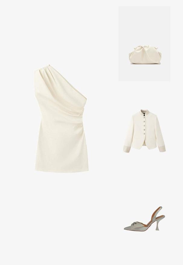 Witte cropped blazer met opstaande kraag, vijf parelknopen aan de voorkant, lange mouwen en twee voorzakken met split.; Crèmekleurige mouwloze top met één schouder, geplooide details en een gedrapeerde naad over de borst en taille.; Witte satijnen slingback schoen, puntige neus, versierd met zilveren beadings. Heeft een slanke, heldere hak en een gestructureerd, decoratief detail op de bovenkant.; Zachte, crèmekleurige leren clutch met geplooid, gerimpeld ontwerp en een dunne schouderriem die vooraan op een effen achtergrond ligt.