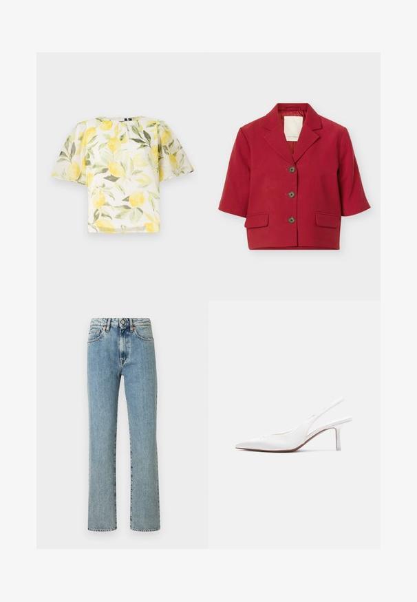 Rød kortærmet blazer med hakket revers, tre sorte knapper foran og to klaplommer ved taljen mod hvid baggrund.; Hvid kortærmet bluse med citron- og bladmønster. Letvægts, let gennemsigtigt stof med rund halsudskæring og løs pasform.; Lyseblå denimjeans med lige ben, fem lommer og knaplukning. Slidt tekstur med subtile falmede detaljer.; Hvid læder slingback damesko med spids tå, lav kittenhæl og lille dekorativ sløjfe på toppen, vist i sideprofil.