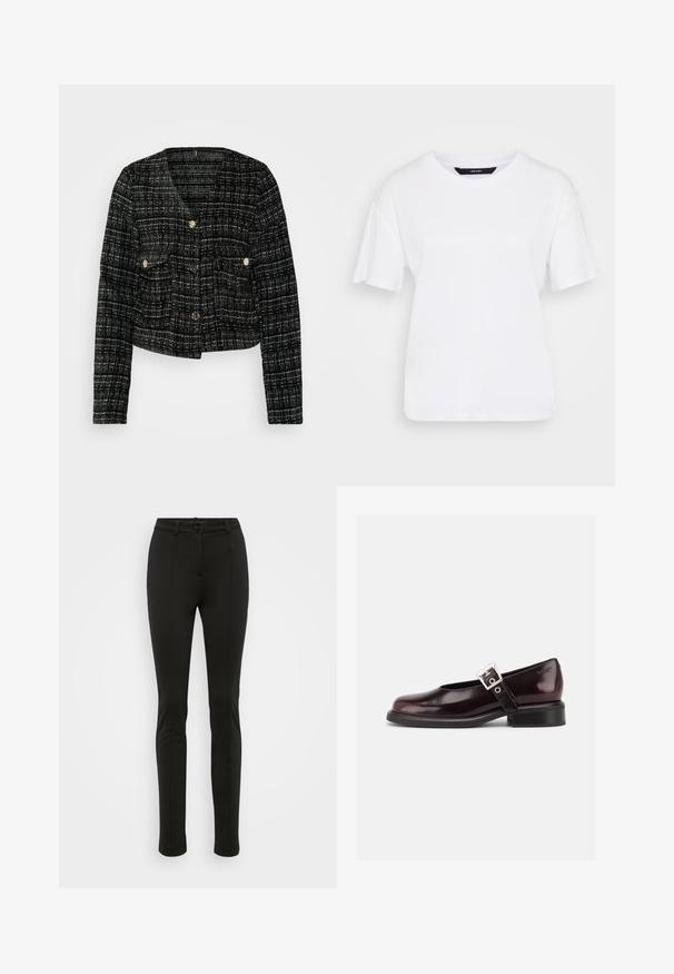 Veste à carreaux noir et blanc avec un design court, des boutons dorés, deux poches avant et un tissu texturé.; T-shirt blanc à manches courtes en coton. Présente un col rond et une coupe décontractée, avec un design simple et sans motifs ni accents visibles.; Pantalon noir ajusté en tissu lisse. Comprend une fermeture à bouton, des passants pour ceinture et des coutures frontales nettes. Coupe fuselée au niveau des jambes.; Chaussure Mary Jane unique brillante couleur bordeaux foncé avec une large bride et une boucle argentée, talon bloc bas et bout arrondi sur fond blanc.