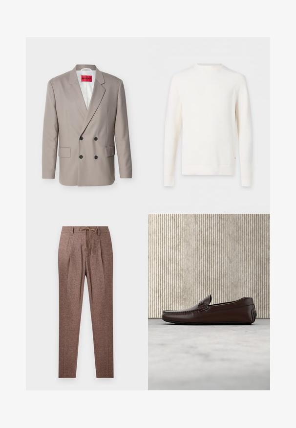 Lysebeige dobbeltradet blazer med sorte knapper, hakket revers, lommer med klap og rød HUGO-label på hvidt indvendigt foer.; Hvid langærmet ribstrikket sweater med rund halsudskæring, vist fladt mod en lys baggrund.; Brune, strukturerede bukser med et hørmønster, der har en snøre i taljen og to frontfolder. Lige ben-design.; Brune lædersandaler med en glat overflade, mokkasin-lignende syninger, hævet tå og en lav, fleksibel gummisål.