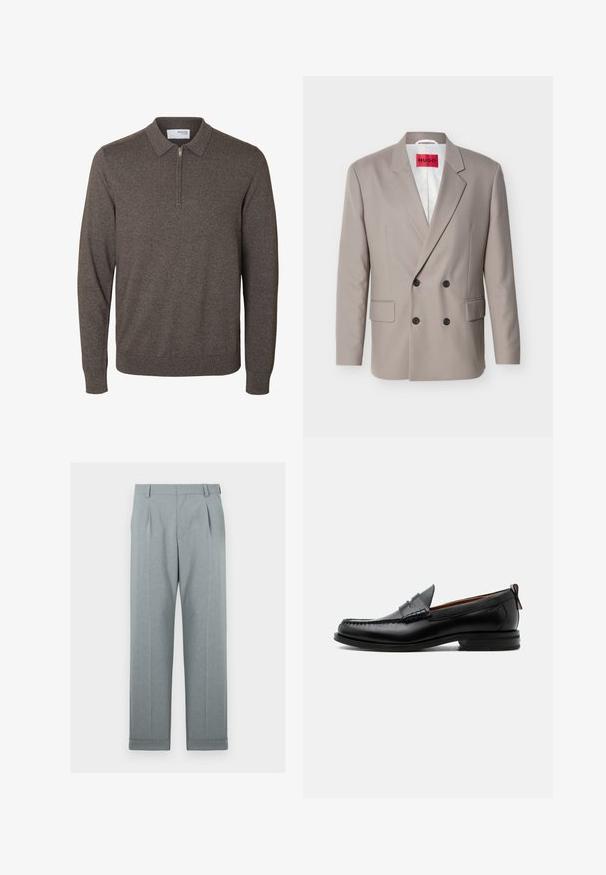 Hellbeiger zweireihiger Blazer mit schwarzen Knöpfen, nichtched Revers, Pattentaschen und rotem HUGO-Label auf weißem Innenfutter.; Herren Langarm brauner Strickpullover mit Kragen und kurzem Reißverschluss am Hals, gerippte Bündchen und Saum, mit dem Etikett Selected Homme.; Helle graue Hose aus strukturiertem Stoff mit geradem Bein, einfachen Falten und umgeschlagenen Säumen. Minimalistisches und maßgeschneidertes Erscheinungsbild.; Schwarzer Leder-Herrenschuh mit Mokassinnaht, Penny-Riemen, strukturiertem Kragen und niedrigem gestapeltem Absatz auf weißem Hintergrund.