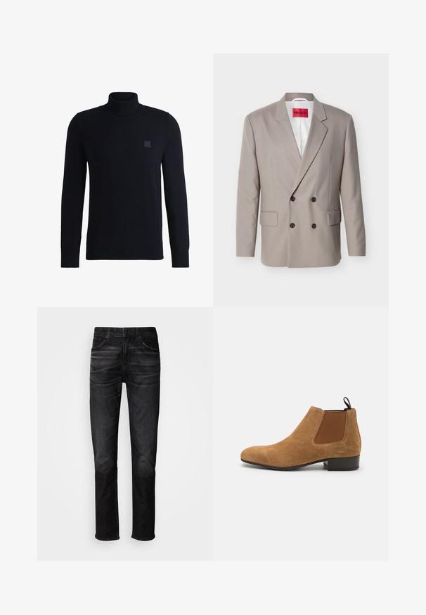Hellbeiger zweireihiger Blazer mit schwarzen Knöpfen, nichtched Revers, Pattentaschen und rotem HUGO-Label auf weißem Innenfutter.; Marineblauer Rollkragenpullover aus weichem Strickmaterial, mit langen Ärmeln und einem gerippten Kragen. Enthält ein quadratisches Logo-Patch auf der Brust.; Schwarze Jeans aus Denim mit geradem Schnitt, fünf Taschen, dezentem Used-Look und Knopfverschluss. Klassischer Stil, geeignet für legere Trageanlässe.; Braune Wildleder Chelsea-Stiefel mit elastischen Seitenpaneelen, runder Zehenpartie und niedrigem Blockabsatz. Verfügt über eine Schlaufe zum einfachen Anziehen.
