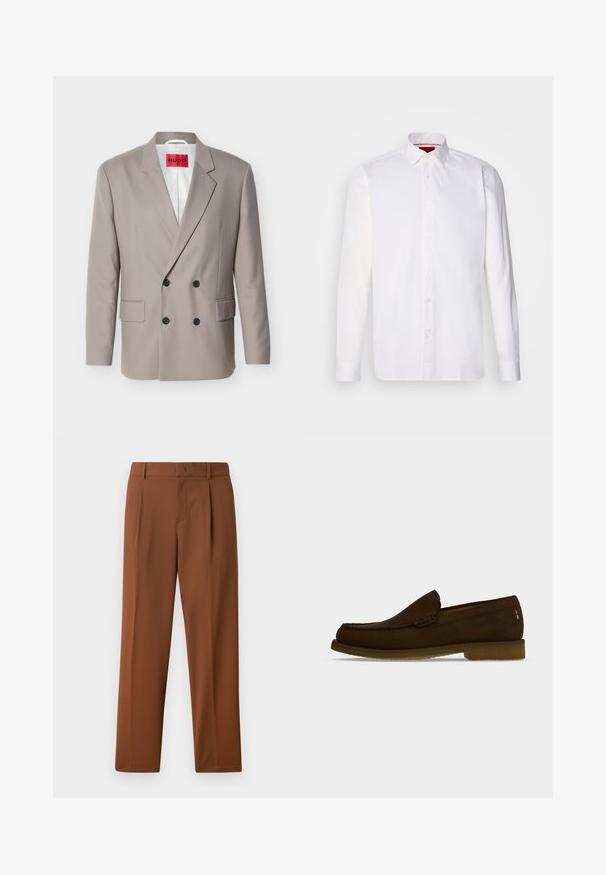 Hellbeiger zweireihiger Blazer mit schwarzen Knöpfen, nichtched Revers, Pattentaschen und rotem HUGO-Label auf weißem Innenfutter.; Weißes langärmliges Hemd aus Baumwolle mit klassischem Kragen, Knopfleiste vorne und glatter Textur. Rote Details im inneren Kragen.; Braune Hosen mit einer glatten, matten Textur, mit Bundfalte und geraden Beinen. Hergestellt aus leichtem, atmungsaktiven Stoff.; Dunkelbrauner Lederloafer mit niedriger Außensohle, Mokassin-Naht und Schlupfdesign, von der Seite auf hellem Hintergrund gezeigt.