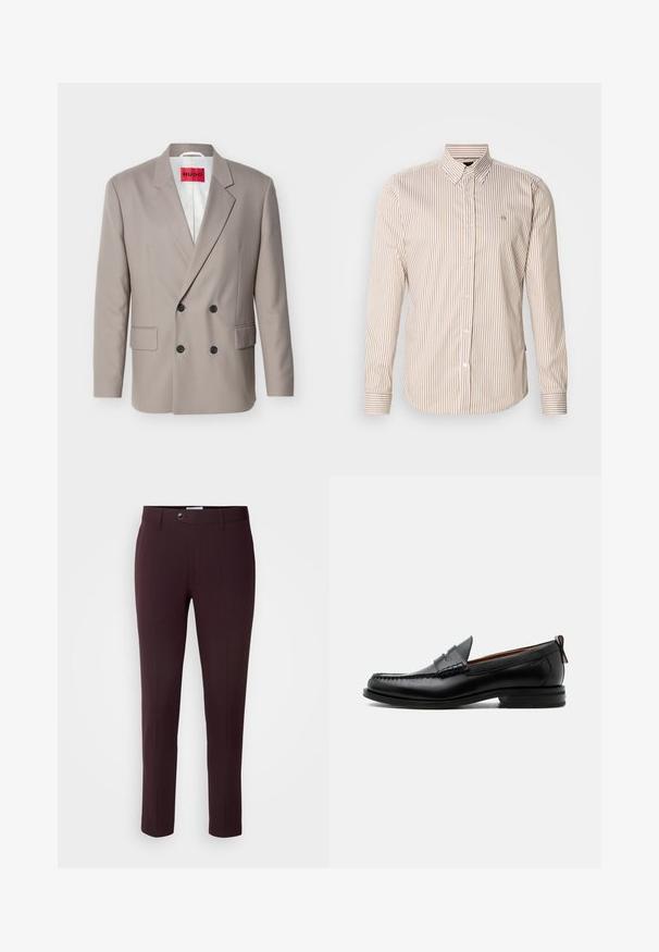 Hellbeiger zweireihiger Blazer mit schwarzen Knöpfen, nichtched Revers, Pattentaschen und rotem HUGO-Label auf weißem Innenfutter.; Gestreiftes Hemd in Beige und Hellbraun mit Knopfleiste. Lange Ärmel, klassischer Kragen, Knöpfe vorne und ein kleines Logo auf der Brust. Baumwollstoff.; Dunkelburgunderfarbene Hose im Slim-Fit-Schnitt, mit einem Knopfverschluss, Gürtelschlaufen und vorderen Bügelfalten. Glattes Material mit einem eleganten Design.; Schwarzer Leder-Herrenschuh mit Mokassinnaht, Penny-Riemen, strukturiertem Kragen und niedrigem gestapeltem Absatz auf weißem Hintergrund.