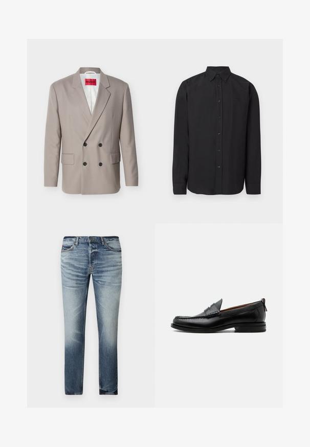 Blazer croisé beige clair avec boutons noirs, revers crantés, poches à rabat et étiquette rouge HUGO sur la doublure intérieure blanche.; Chemise noire à manches longues avec col boutonné, tissu lisse et logo discret. Dotée de boutons sur le devant et de manches avec poignets.; Jean en denim bleu clair avec une coupe droite, léger effet délavé et usé, cinq poches et une fermeture sécurisée par bouton.; Mocassin homme en cuir noir avec couture moc toe, bride penny, col texturé et petit talon empilé sur fond blanc.
