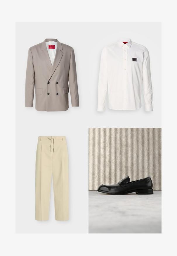 Blazer croisé beige clair avec boutons noirs, revers crantés, poches à rabat et étiquette rouge HUGO sur la doublure intérieure blanche.; Chemise blanche à manches longues en coton, dotée d'un col boutonné, d'une patte de boutonnage avant et d'un patch logo noir sur la poitrine gauche.; Pantalon beige droit avec passants pour ceinture et nouage à l'avant, présentant un design épuré et ajusté ainsi qu'un tissu texturé.; Mocassin en cuir noir avec un accent métallique, présenté en lévitation au-dessus d'un tapis beige, avec une table ronde de couleur ambre en arrière-plan.