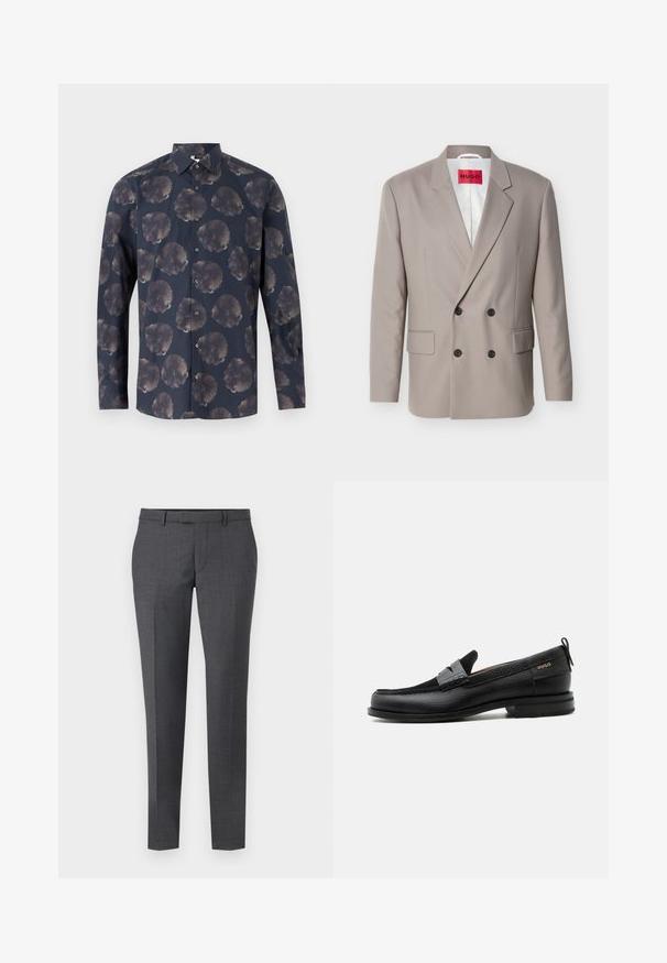 Blazer croisé beige clair avec boutons noirs, revers crantés, poches à rabat et étiquette rouge HUGO sur la doublure intérieure blanche.; Chemise à manches longues de couleur bleu marine foncé avec un motif floral comprenant de grandes fleurs atténuées. Fermeture à boutons à l'avant avec col classique et texture en tissu.; Pantalons ajustés gris avec une texture lisse, coupe droite, devant plat et passants de ceinture. Présente un motif à carreaux subtil et un pli sur le devant.; Mocassin en cuir noir avec détail de bride grise, talon bas et semelle texturée, marqué "HUGO" en or sur le côté.