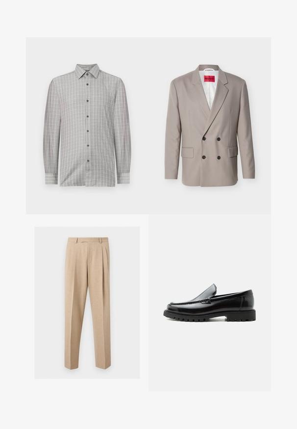 Blazer de doble botonadura color beige claro con botones negros, solapas con muesca, bolsillos con solapa y etiqueta roja HUGO en el forro interior blanco.; Camisa de manga larga para hombre en gris claro, con un patrón de cuadrícula y acentos oscuros, tapeta de botones y un collar clásico. Textura textil suave.; Pantalones beige a medida con pinzas delanteras, trabillas para el cinturón y perneras rectas, mostrados sobre un fondo claro y liso.; Mocasín de cuero negro con suela de goma gruesa, empeine cosido y nombre de la marca en relieve en el talón, mostrado en perfil lateral sobre fondo blanco.
