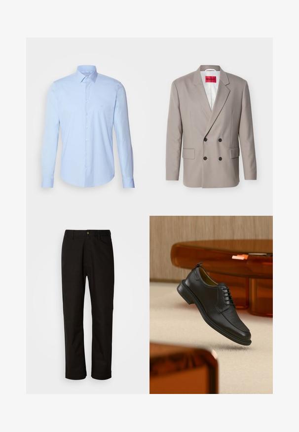 Hellbeiger zweireihiger Blazer mit schwarzen Knöpfen, nichtched Revers, Pattentaschen und rotem HUGO-Label auf weißem Innenfutter.; Hellblaues Button-up-Hemd aus Baumwolle, mit klassischem Kragen, langen Ärmeln und kleinem Logo auf der Brust. Glatte Textur.; Schwarze Baumwollhosen mit geradem Schnitt, Gürtelschlaufen, einem Reißverschluss vorne und einem einzelnen Knopfverschluss. Glatte Textur ohne sichtbare Muster.; Schwarzer Leder-Schnürschuh mit texturierter Vorderseite, schwebend über beigem Teppich in einem modernen Raum mit bernsteinfarbenen Möbeln.